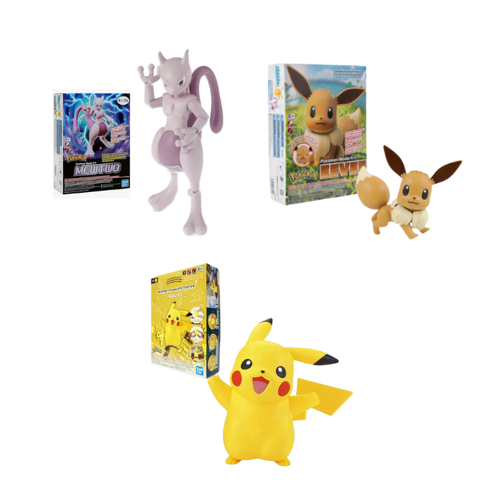 Starter Pokémon Model Kit Bundle with Eevee, Mewtwo, and Pikachu snap-fit models by Bandai