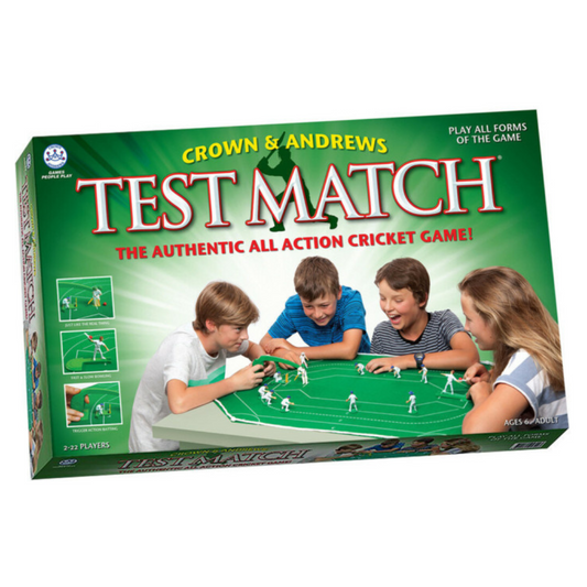 Box of Test Match Cricket Board Game showing miniature pitch, players, and scoreboard setup.