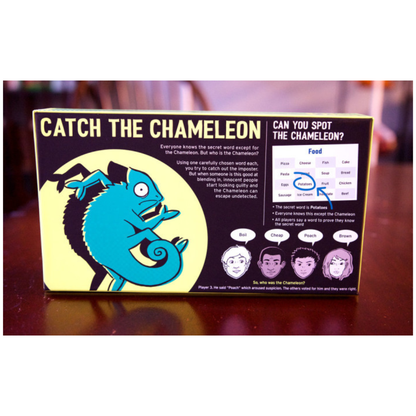 Box art for The Chameleon board game by Big Potato Games, featuring a bright neon green and pink design with a hidden lizard silhouette.