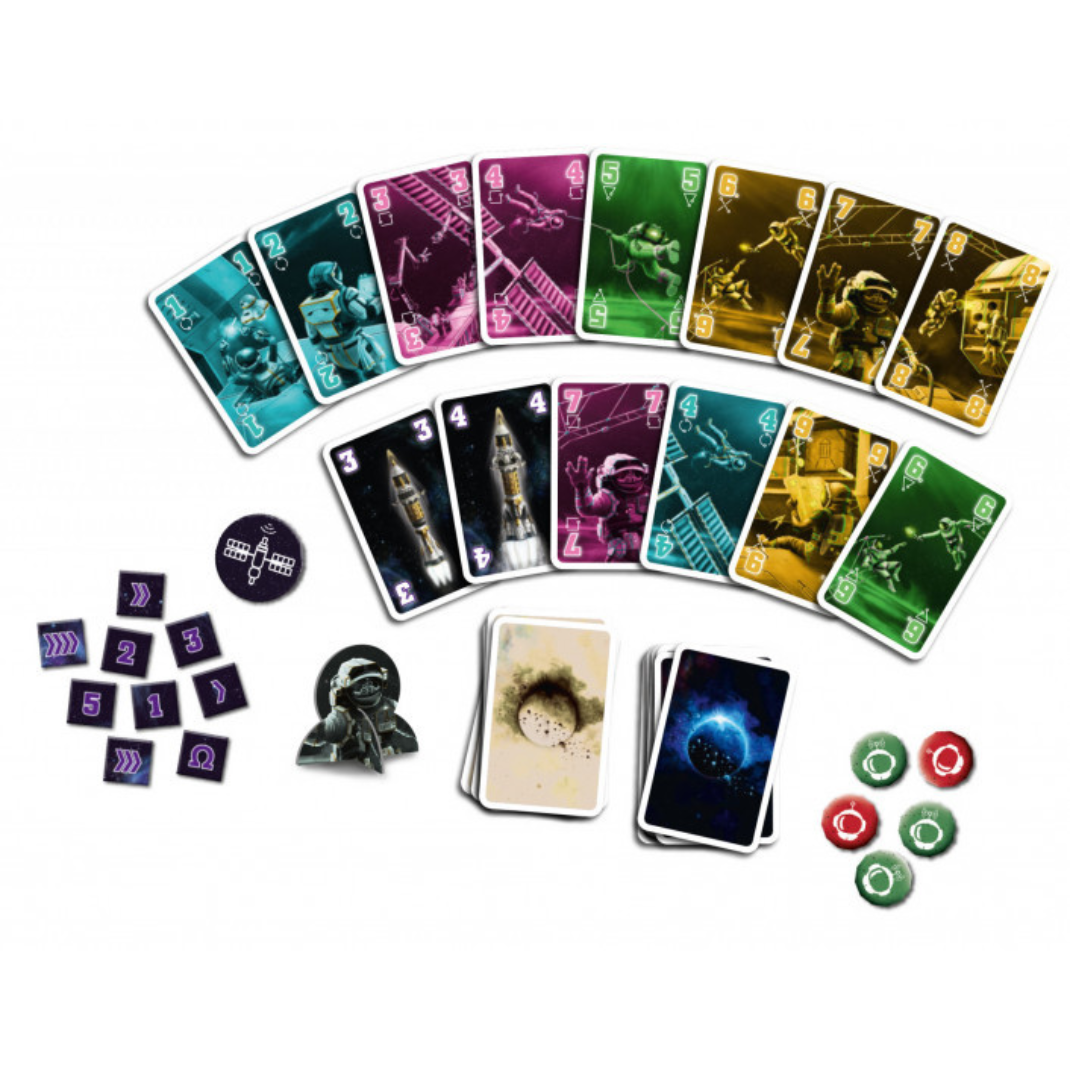 A group of players strategically playing cards and using radio communication tokens on a table.