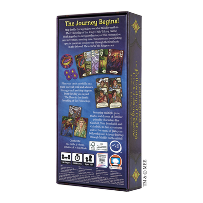 The Lord of the Rings: The Fellowship of the Ring Trick-Taking Game box art, featuring stained-glass illustrations of the Fellowship characters and the One Ring.