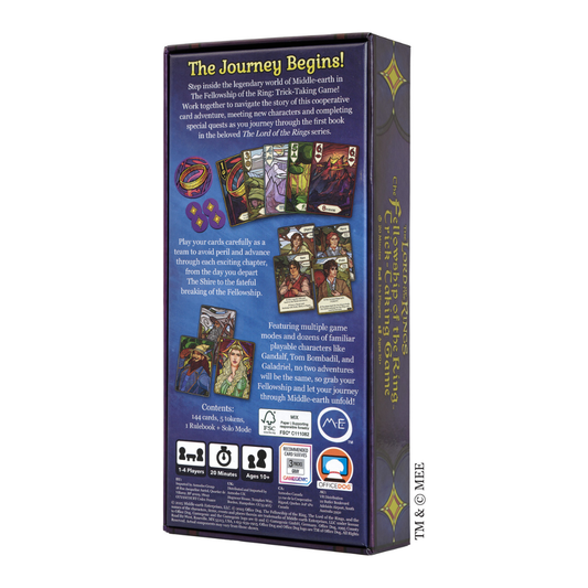 The Lord of the Rings: The Fellowship of the Ring Trick-Taking Game box art, featuring stained-glass illustrations of the Fellowship characters and the One Ring.