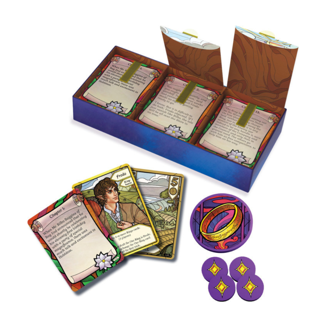 The Lord of the Rings: The Fellowship of the Ring Trick-Taking Game box art, featuring stained-glass illustrations of the Fellowship characters and the One Ring.