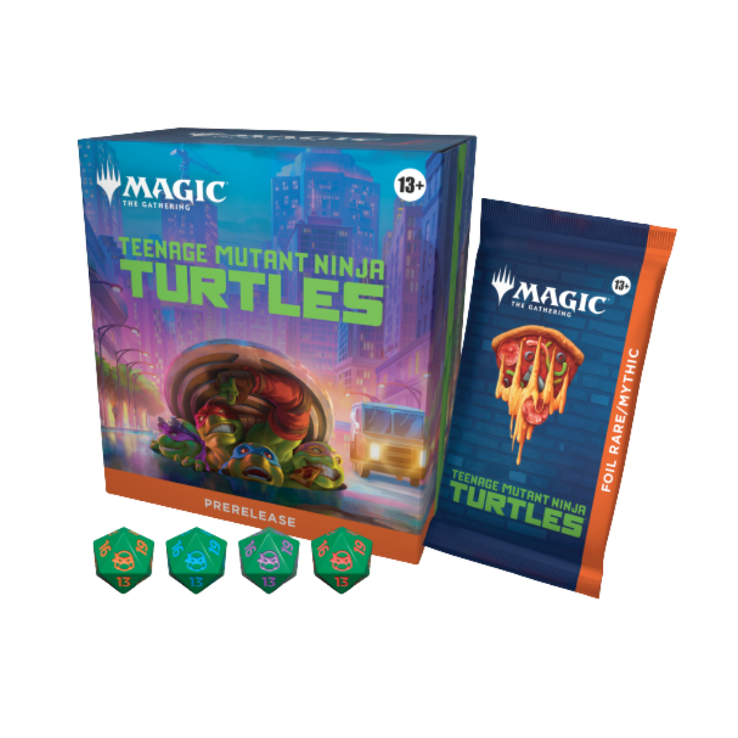 The official Magic: The Gathering | Teenage Mutant Ninja Turtles Prerelease Pack showing the themed box art, Play Boosters, and the Spindown life counter.