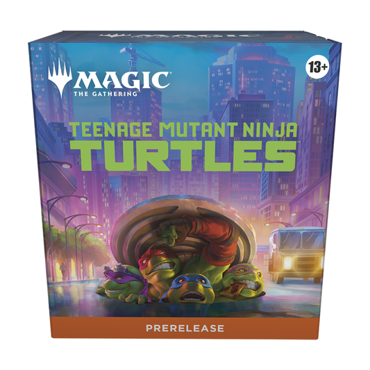 The official Magic: The Gathering | Teenage Mutant Ninja Turtles Prerelease Pack showing the themed box art, Play Boosters, and the Spindown life counter.