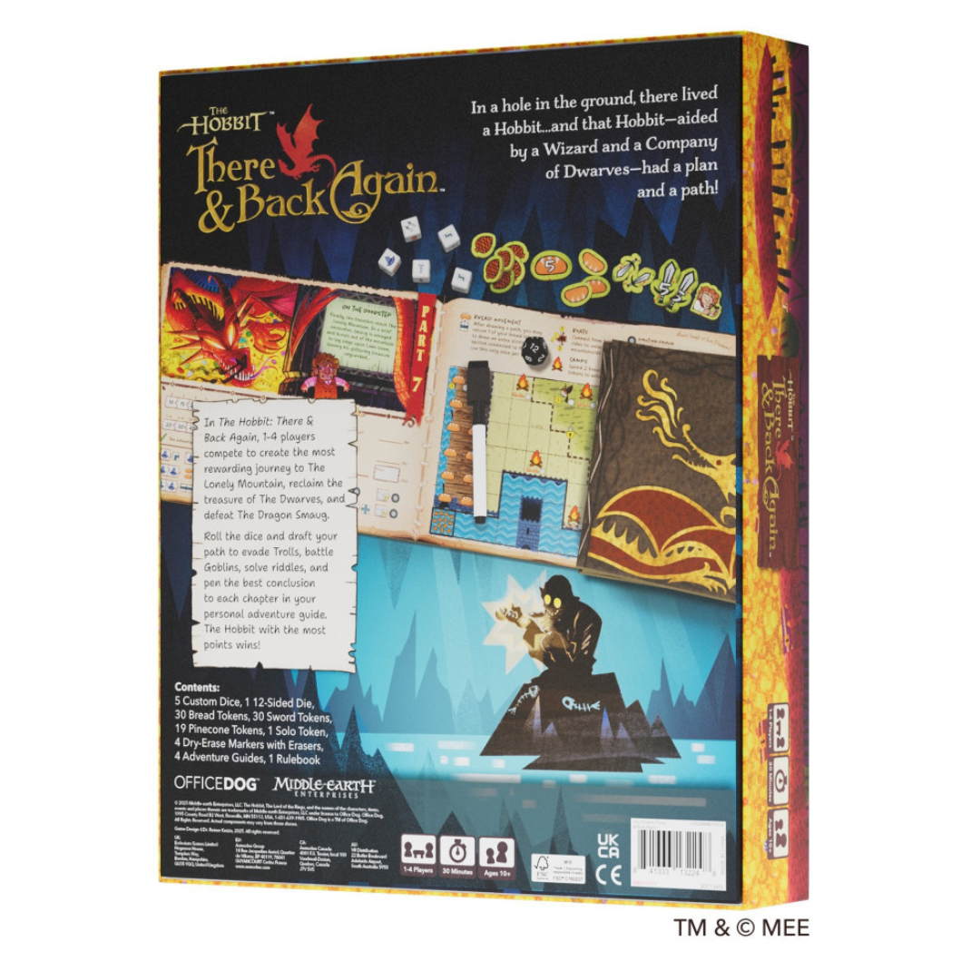 The Hobbit: There and Back Again board game box featuring stylized Bilbo Baggins artwork, alongside the premium dry-erase adventure books and custom dice.