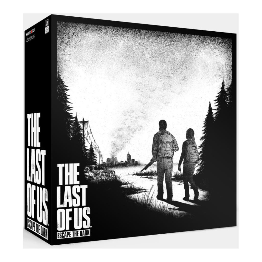 The Last of Us: Escape the Dark board game – cooperative narrative survival game with chapter cards and dice-based gameplay.