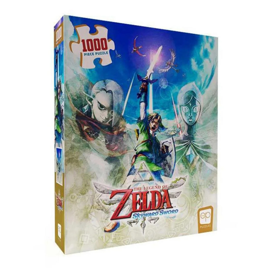 A completed 1000-piece jigsaw puzzle of The Legend of Zelda: Skyward Sword, showing Link raising the Master Sword with Ghirahim and Fi in a watercolor background.