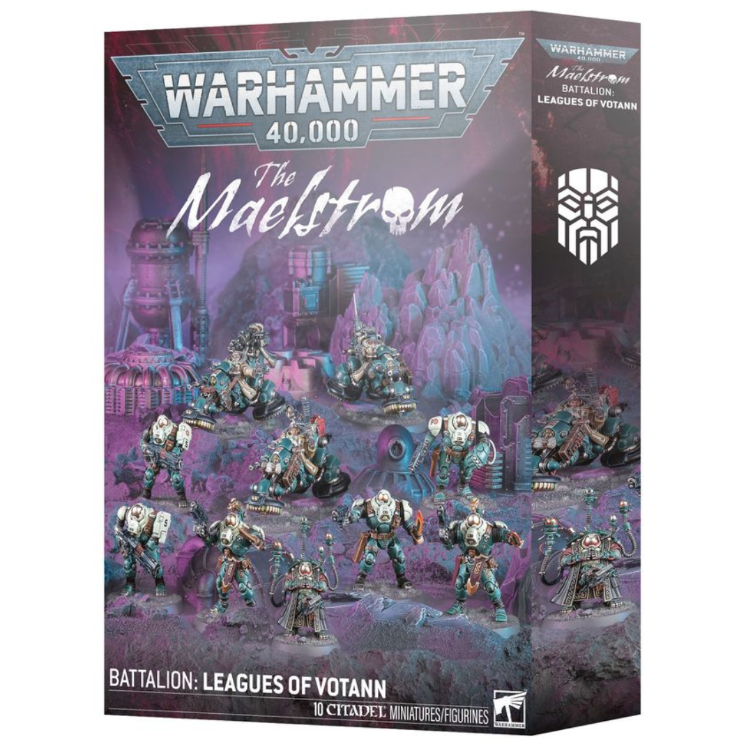 The Leagues of Votann Maelstrom Battalion box art featuring a Hernkyn Marshal leading a Sagitaur, Hearthguard, and mag-lev Pioneers across a rocky terrain.