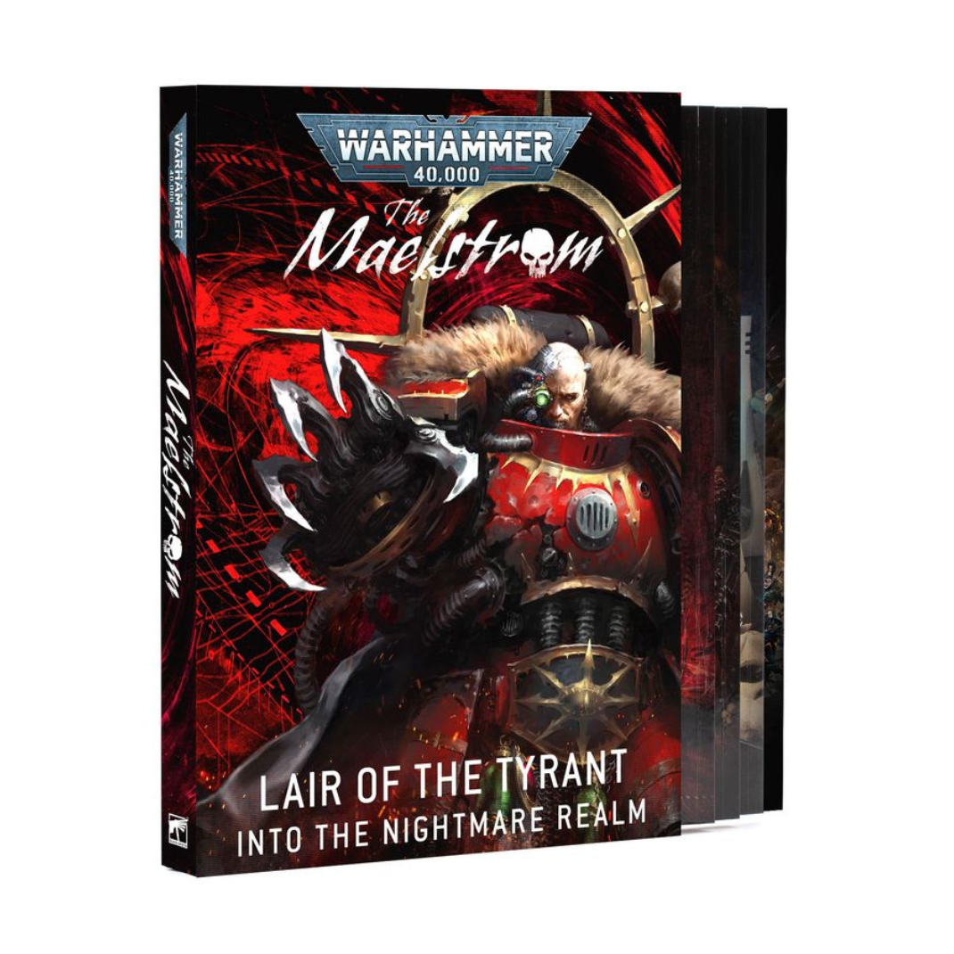 The cover of The Maelstrom: Lair of the Tyrant – Into the Nightmare Realm hardback book featuring Huron Blackheart and a swirling warp-vortex.