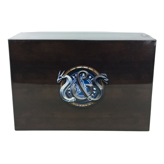 The Sword & Sorcery: Ancient Chronicles Kickstarter Treasure Chest box open, showcasing the layers of miniatures, metal coins, deluxe hero sheets, and expansion boxes inside.