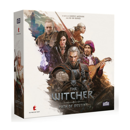 Board game box for 'The Witcher: Path of Destiny' featuring characters from the series.