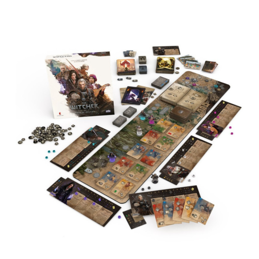 The Witcher: Path of Destiny – Standard Edition core board game box with hero miniatures, cards, and adventure map.