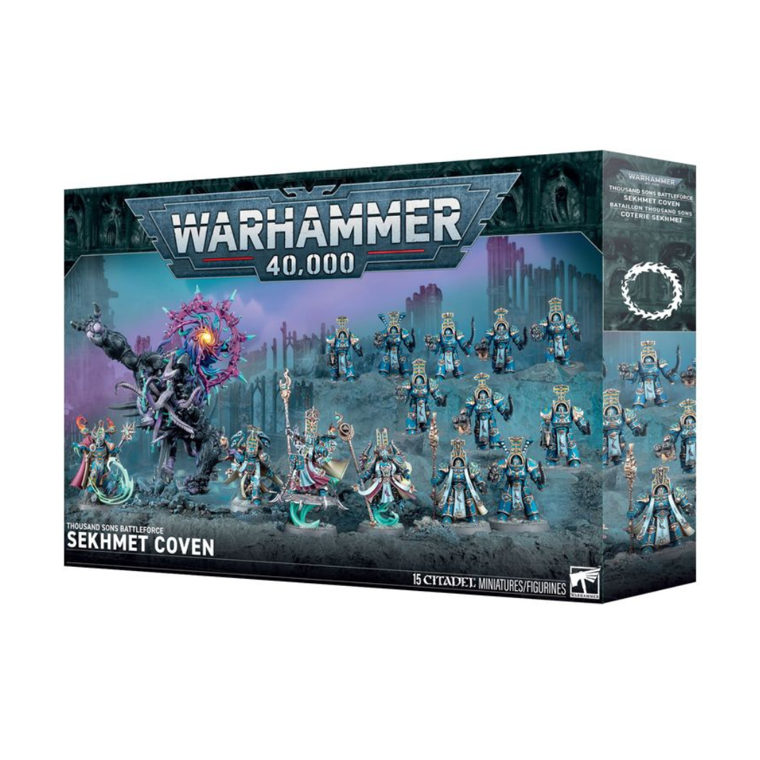 The Thousand Sons Battleforce: Sekhmet Coven box set featuring a Mutalith Vortex Beast, Scarab Occult Terminators, and Exalted Sorcerers on a desert battlefield.