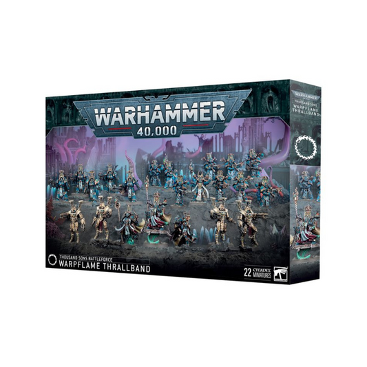 Warhammer 40,000 Thousand Sons Warpflame Thrallband Battleforce box set featuring Exalted Sorcerers, Scarab Occult Terminators, Rubric Marines, and exclusive Sekhetar Robots miniatures