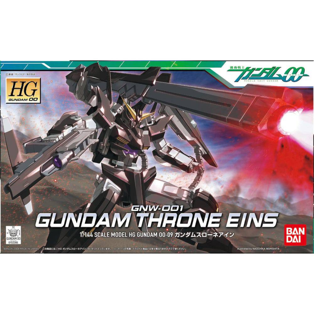 Official box art packaging for the HG 1/144 Gundam Throne Eins model kit showing the red mobile suit positioning its massive GN Launcher over its shoulder.
