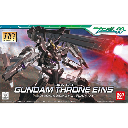 Official box art packaging for the HG 1/144 Gundam Throne Eins model kit showing the red mobile suit positioning its massive GN Launcher over its shoulder.