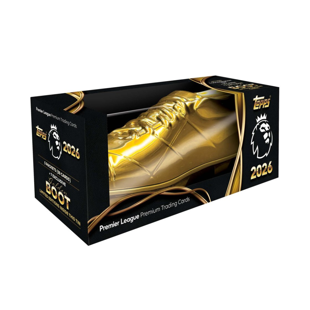 Topps Premier League 2026 Golden Boot Tin – full tin showing exclusive limited edition cards and booster contents