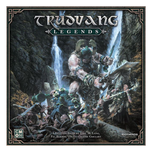 The box art for Trudvang Legends, featuring a group of Viking-style heroes facing a massive mythical beast, with highly detailed miniatures shown in the foreground.