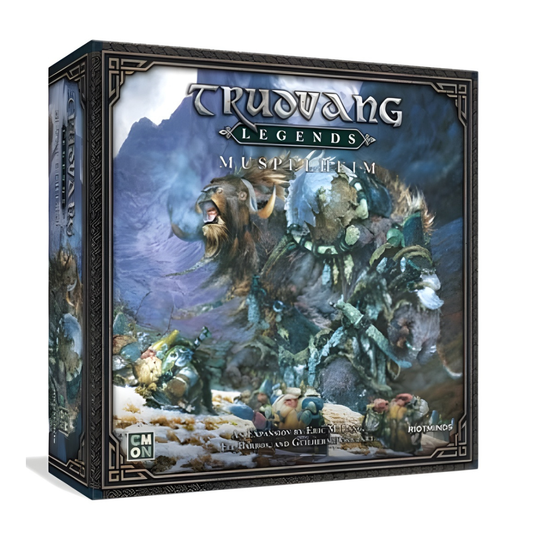 The box art for Trudvang Legends: Muspelheim, featuring heroes exploring a dark, rune-lit dwarven cavern and facing off against Night Ulms and Draugr.