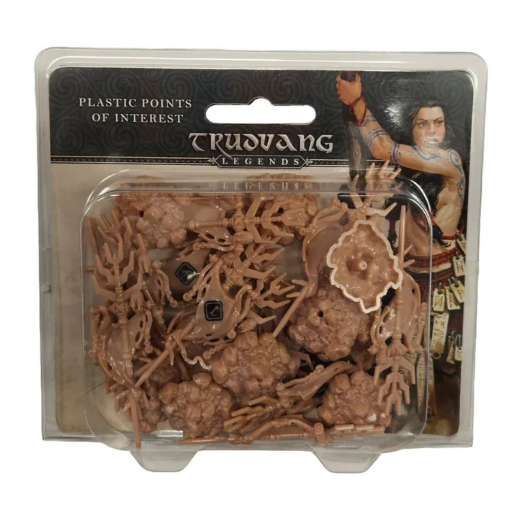 A set of 12 grey plastic banner miniatures from the Trudvang Legends Plastic Points of Interest Kickstarter Exclusive pack, used to mark locations on the game board.