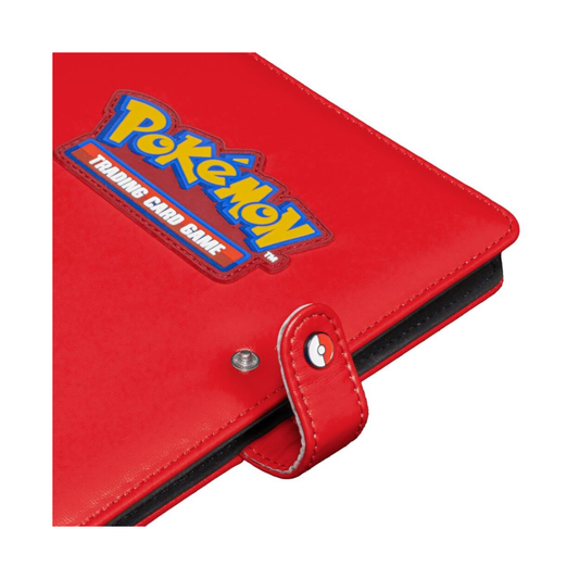 Front view of the Ultra Pro Pokémon Premium Red 4-Pocket Snap Binder showing the red leatherette texture and the enameled Poké Ball snap closure.