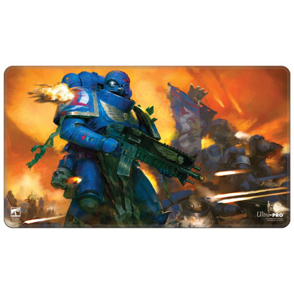 Ultra Pro Space Marines Adeptus Astartes stitched playmat for Warhammer 40,000 (UP16481) full front view with blue-armoured Space Marine and battle-brothers