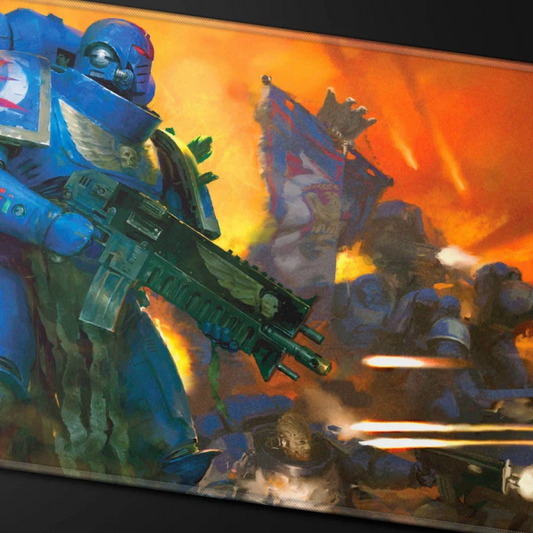 Ultra Pro Space Marines Adeptus Astartes stitched playmat for Warhammer 40,000 (UP16481) full front view with blue-armoured Space Marine and battle-brothers