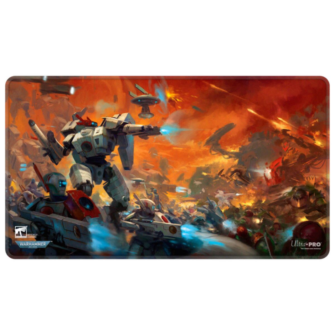 Ultra Pro T’au Empire Codex Aligned stitched playmat for Warhammer 40,000 (UP16559) front view with T’au battlesuit and hover vehicles