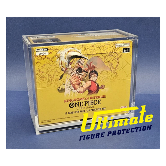 Ultimate Figure Protection One Piece TCG booster box acrylic case showcasing a sealed One Piece booster box inside, featuring 5mm thick clear acrylic and a secure sliding base.