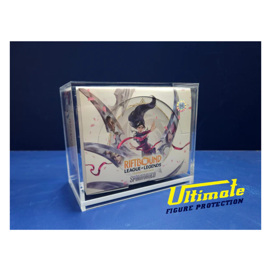 Ultimate Figure Protection clear 5mm acrylic case specifically sized to display a sealed Riftbound: League of Legends TCG booster box, highlighting the sliding panels and UV protection properties.
