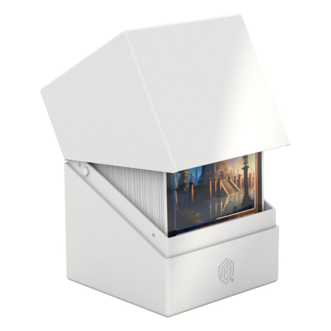Ultimate Guard Deck Box Boulder 100+ shown in a solid, durable translucent finish in white.
