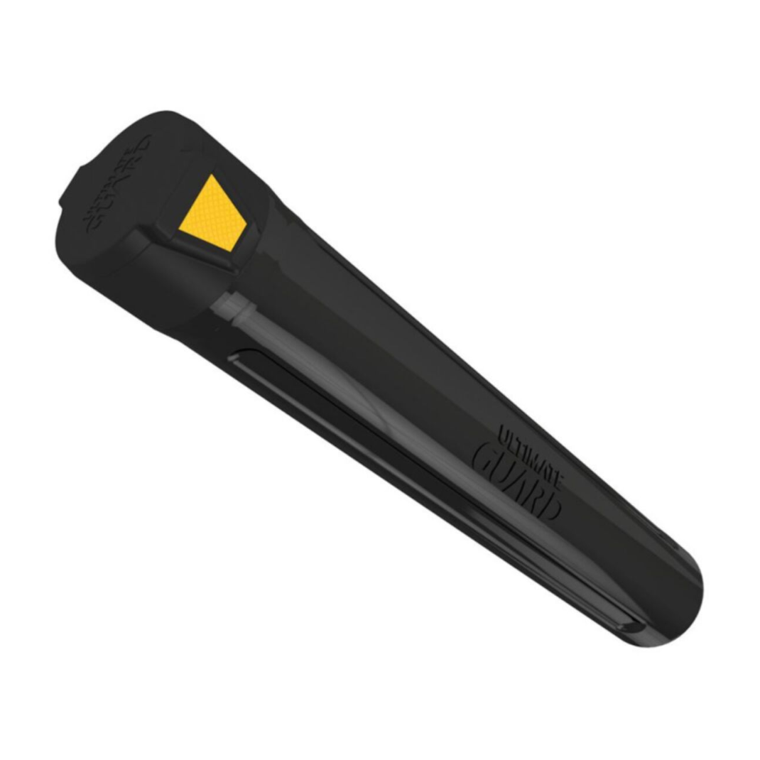 A sleek black Ultimate Guard Matpod playmat case standing upright, showing its reinforced cap and matte finish.