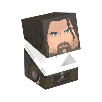 A stylized square-shaped deck box (Squaroe) featuring the character Aragorn from The Lord of the Rings.