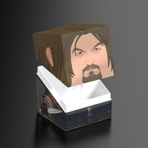 A front view of the Ultimate Guard Boromir Squaroe deck box featuring a stylized square depiction of Boromir from The Lord of the Rings.