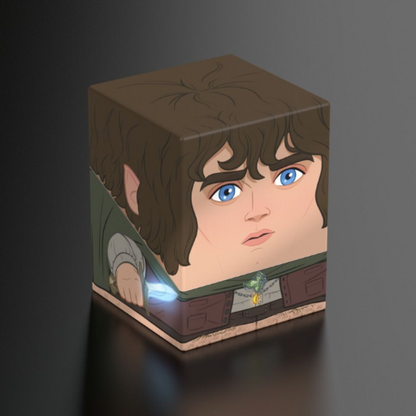A front view of the Ultimate Guard Frodo Squaroe deck box showing a stylized square illustration of Frodo Baggins from The Lord of the Rings.