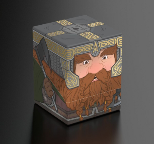 A front view of the Ultimate Guard Gimli Squaroe deck box showing a stylized square illustration of Gimli from The Lord of the Rings.