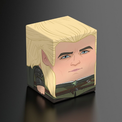 A front view of the Ultimate Guard Legolas Squaroe deck box showing a stylized square illustration of Legolas from The Lord of the Rings.