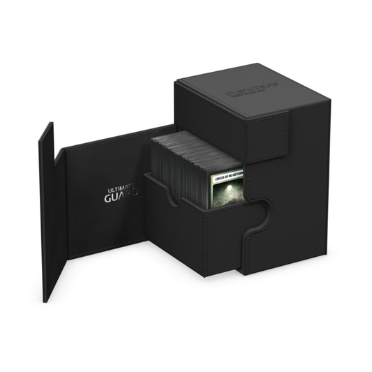 Ultimate Guard Flip n Tray 133+ XenoSkin Monocolor Black deck box holds 133 double-sleeved cards removable dice tray magnetic closure microfiber lining - Hobby Collectors Australia