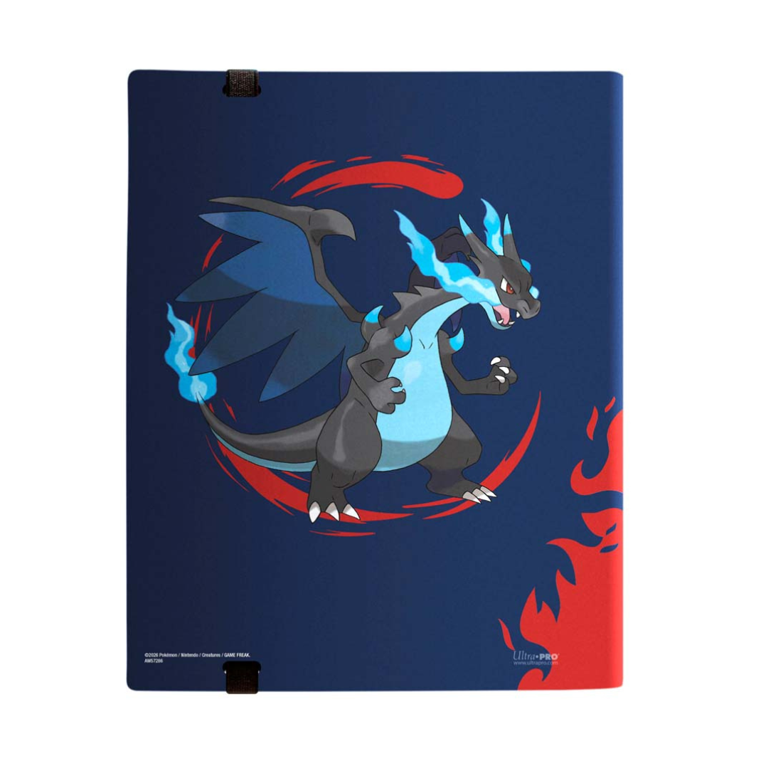 Ultra PRO 9-pocket PRO-Binder featuring Mega Charizard X and Mega Charizard Y full-art cover with an elastic closure strap