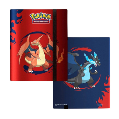 Ultra PRO 9-pocket PRO-Binder featuring Mega Charizard X and Mega Charizard Y full-art cover with an elastic closure strap