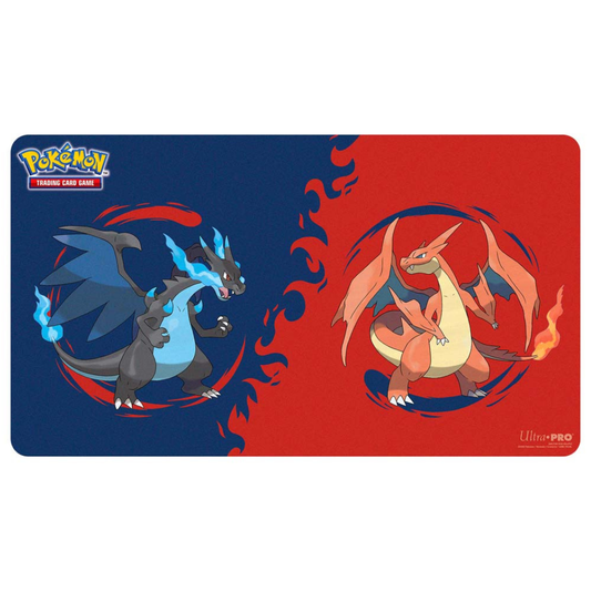 Ultra PRO Pokémon playmat featuring vibrant full-color artwork of Mega Charizard X and Mega Charizard Y with a non-slip rubber base.