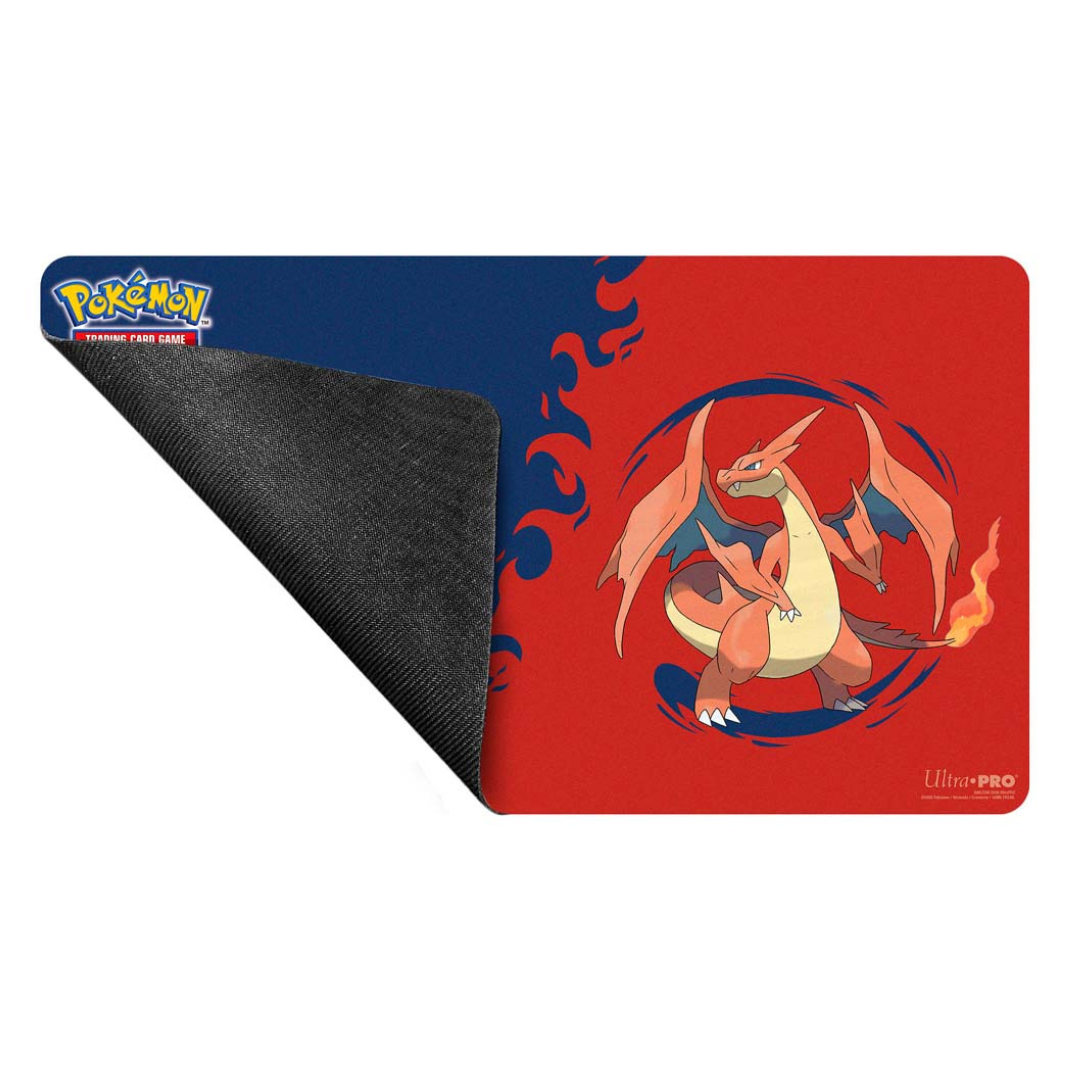 Ultra PRO Pokémon playmat featuring vibrant full-color artwork of Mega Charizard X and Mega Charizard Y with a non-slip rubber base.