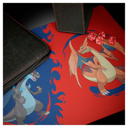Ultra PRO Pokémon playmat featuring vibrant full-color artwork of Mega Charizard X and Mega Charizard Y with a non-slip rubber base.
