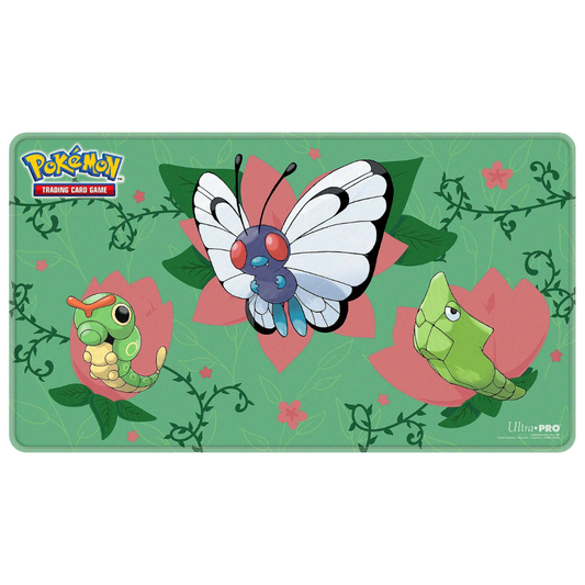 Ultra PRO Pokemon Caterpie Evolutions Stitched Playmat featuring Caterpie Metapod and Butterfree among blooming flowers - Hobby Collectors Australia