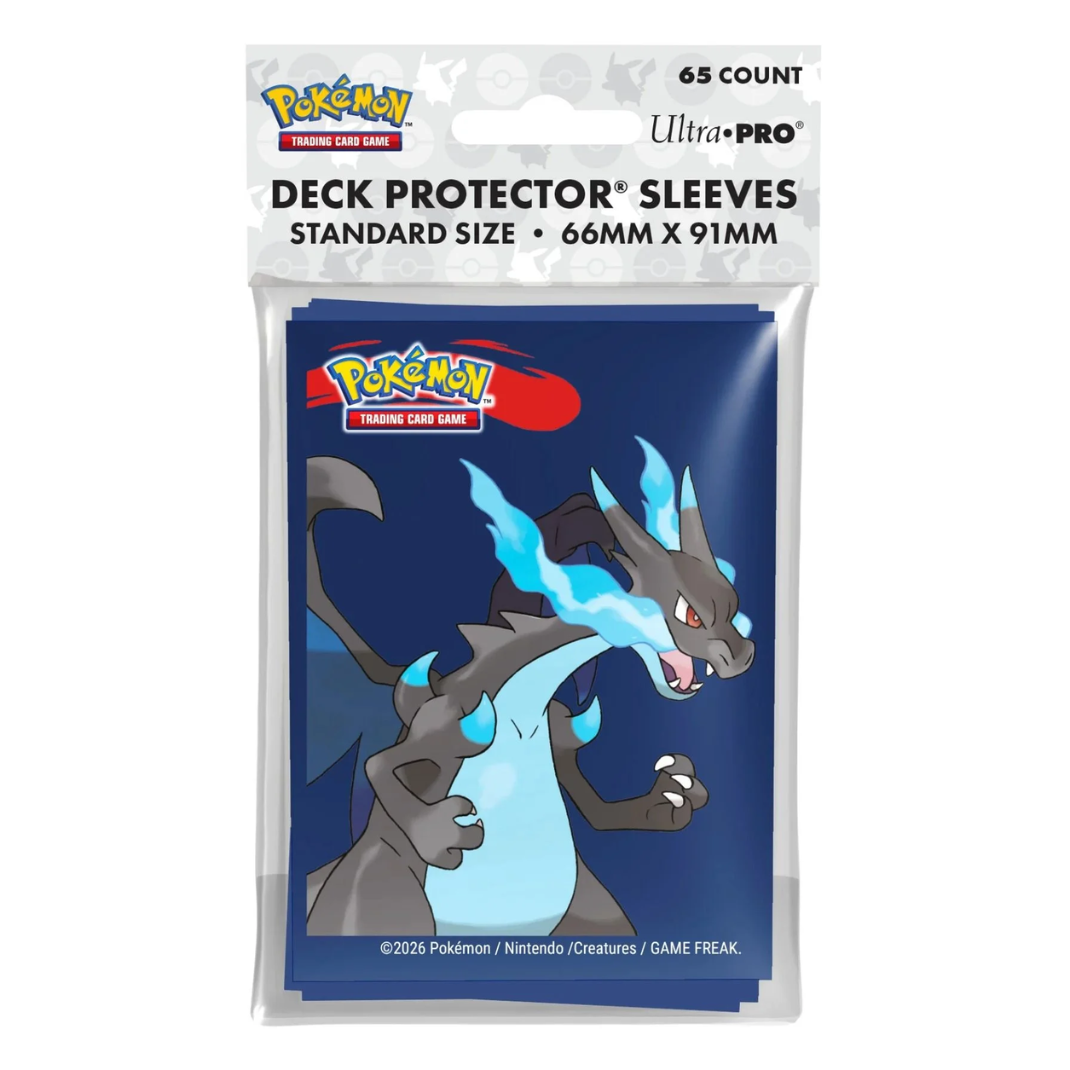 Close-up of the official artwork on the back of a Mega Charizard X card sleeve showing its blue flame details.