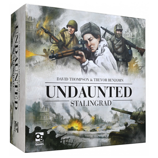 Board game box titled 'Undaunted Stalingrad' featuring soldiers and a tank on a war-torn cityscape.