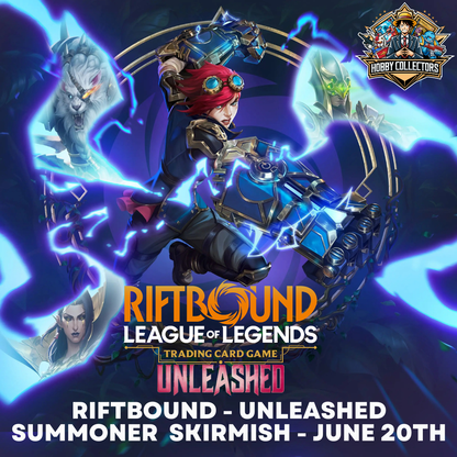 Event registration banner graphic for the Riftbound Unleashed Summoner Skirmish 1 tournament showing the June 20th calendar date and starting time.