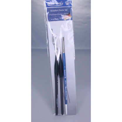 The VP Leonhardy 3pc Modellers Starter Brush Set (VP22486) featuring three round synthetic brushes in sizes 0, 2, and 4 for beginner scale model painting.