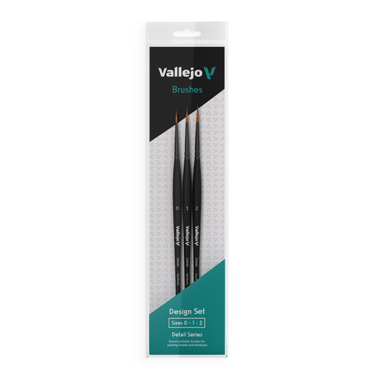 Vallejo Brushes – Detail & Design Set featuring 3 synthetic brushes in sizes 0, 1, and 2 for model painting and detailing.